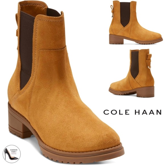 COLE HAAN WP CAMEA AMBER SUEDE PULL-ON CHELSEA ANKLE BOOTS TAN Block Heel Bootie - Picture 1 of 9